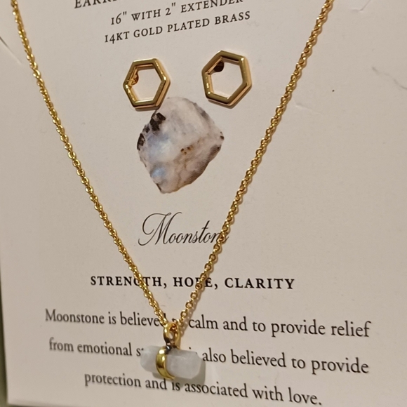 2 PC LUNA NORTE 14K GP HEXAGON EARRINGS & NECKLACES WITH MOONSTONE GEMSTONE - Picture 4 of 12